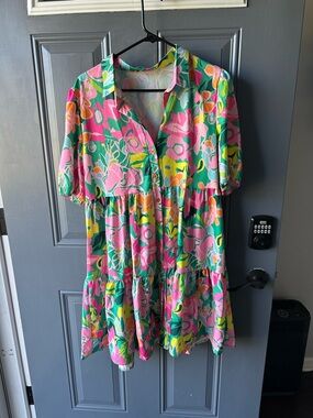 Unk Floral Tiered Mini Dress in Pink, Green, Yellow